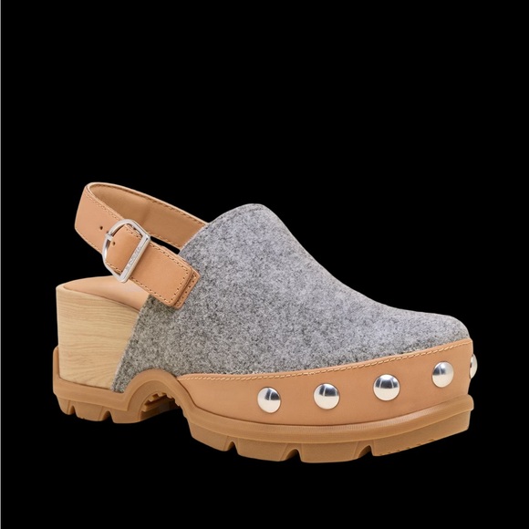 Sorel Grey Felt & Tan Leather Clog Sandals - Picture 6 of 9